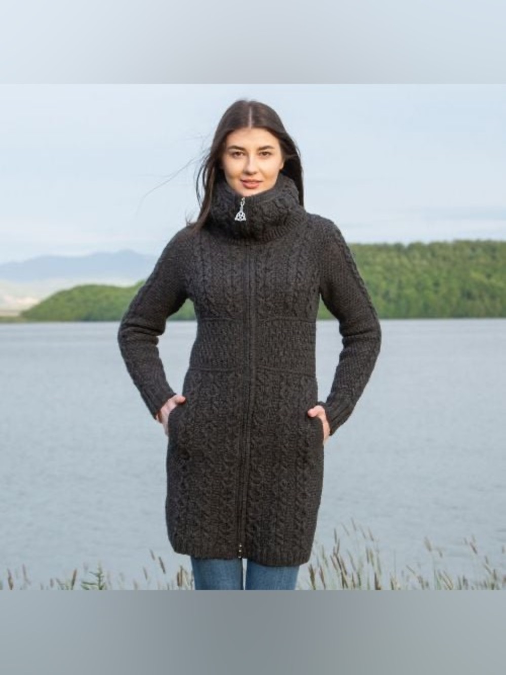 Aran Crafts Ireland 100% Merino Wool Cable Knit Zip Up Sweater Coat